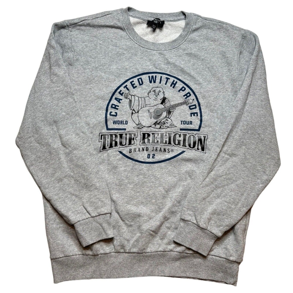 True Religion Buddha Crewneck Long Sleeve Fleece Sweater Mens Sz XL Gray Rare